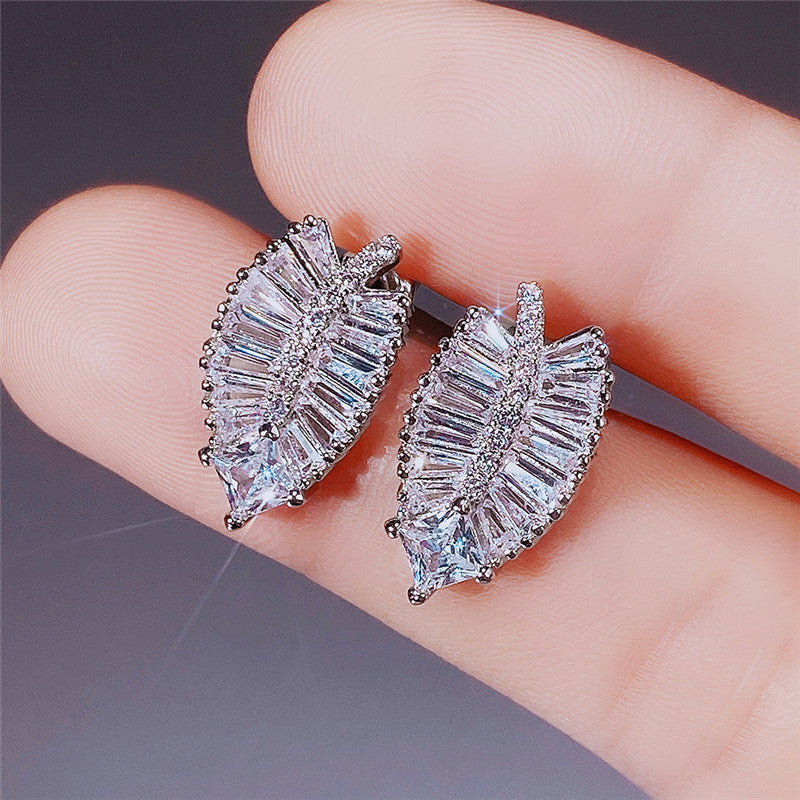 Delicate Leaf Shaped Brass And Zircon Stud Earrings For Women