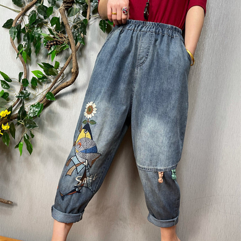 Women's Art Vintage Embroidered Print Jeans