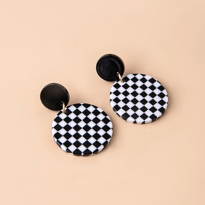 Black White Chequered Print Round Acrylic Pendant Drop Earrings For Women