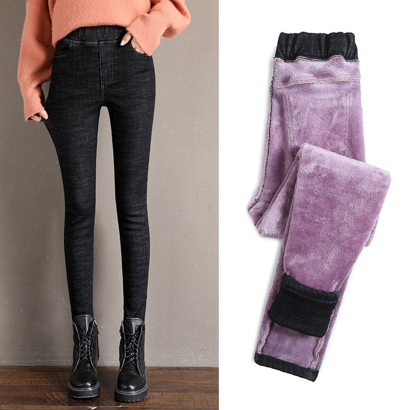 Elastic high-rise plus fleece jeans