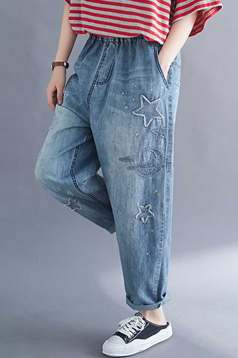 Women's Jeans With Loose Cover And Thin Embroidery