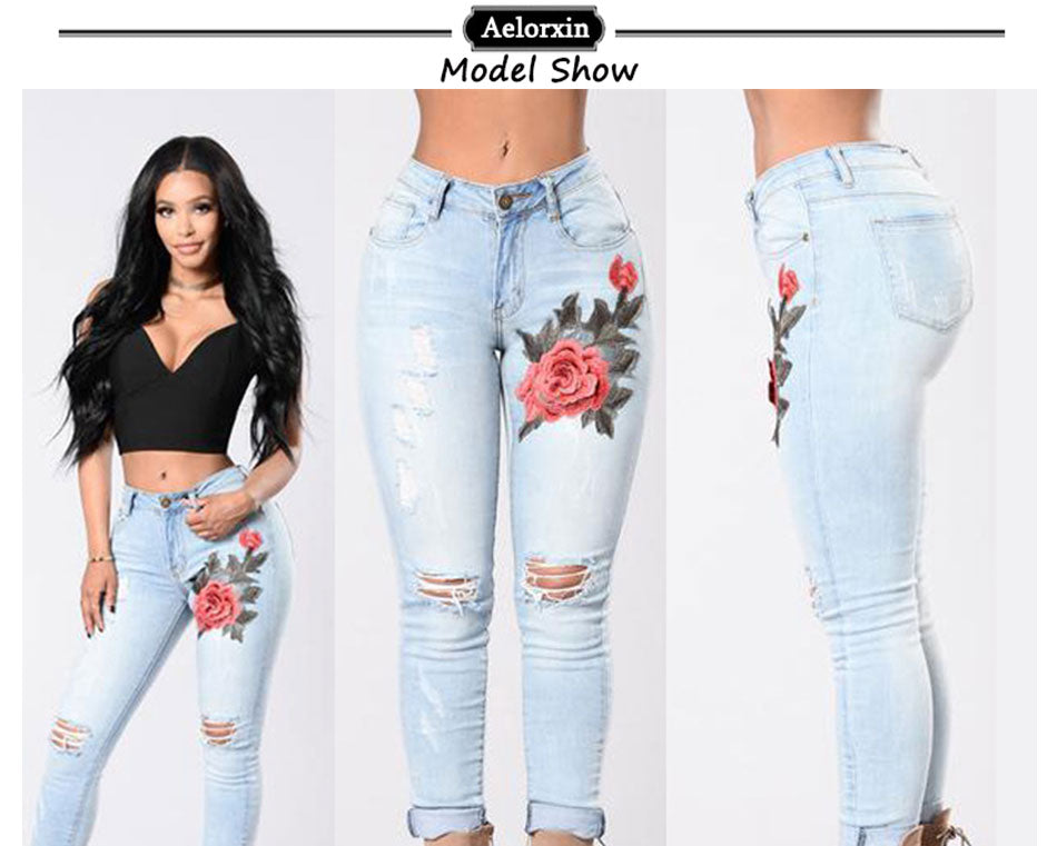 2021 Amazon AliExpress Ali Fashion Hole Embroidered High-elastic Jeans Women's Trousers