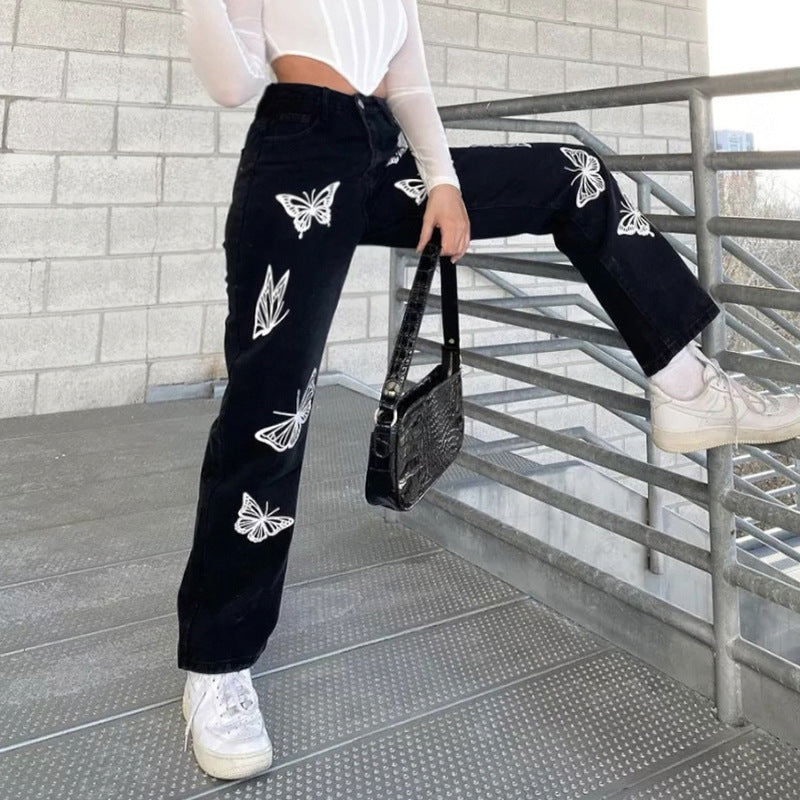 Women's New Fashion Butterfly Print High-Waisted Straight-Leg Jeans