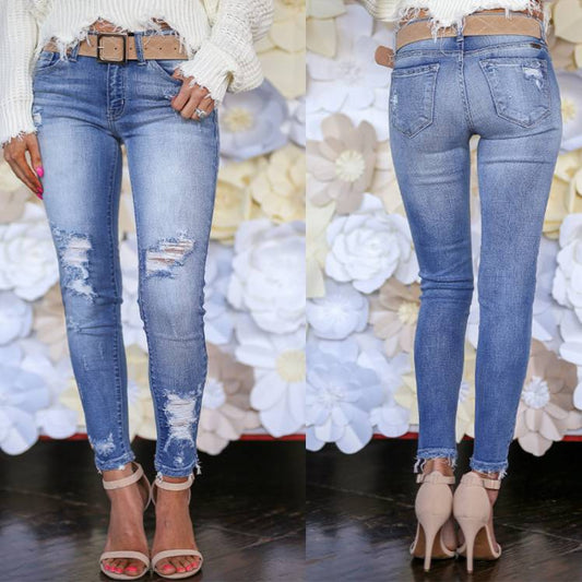 European And American Style Women Jeans Slim Fit Slimming Holes Mid Waist Denim Trousers