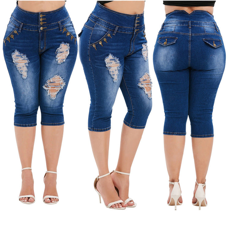 Elastic Hole Large Size High-waist Denim Five-point Pants