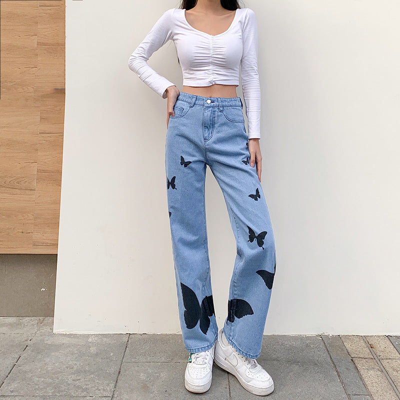 European And American Style Women'S Trousers Butterfly Print Hit Color High-Waist Slim Straight-Leg Casual Jeans