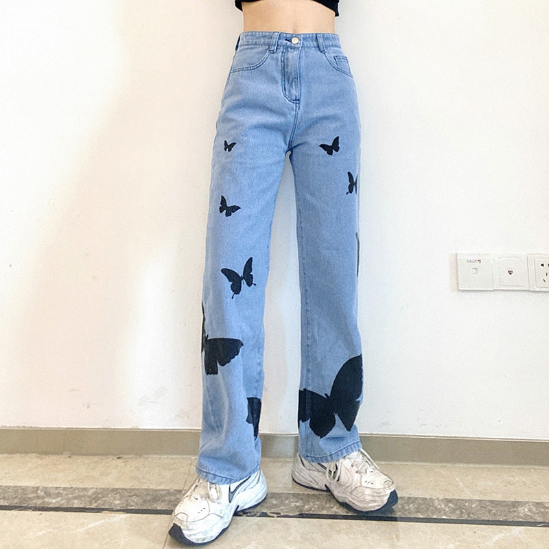 European And American Style Women'S Trousers Butterfly Print Hit Color High-Waist Slim Straight-Leg Casual Jeans