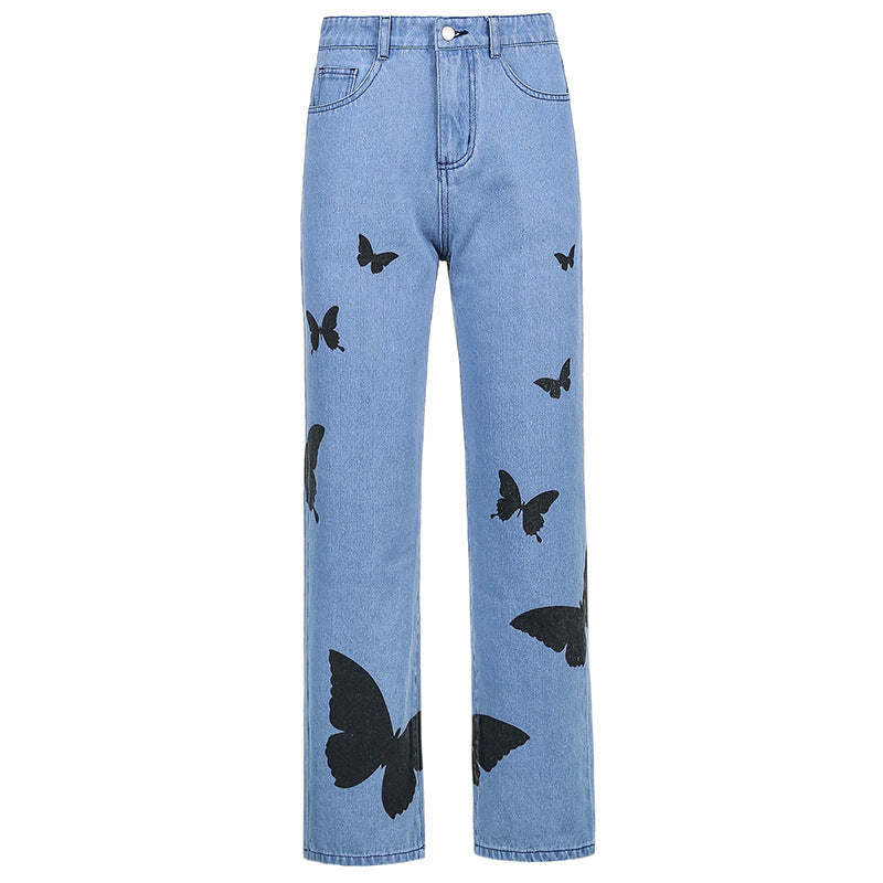 European And American Style Women'S Trousers Butterfly Print Hit Color High-Waist Slim Straight-Leg Casual Jeans