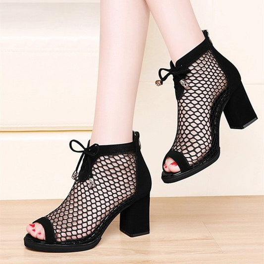 Back Zipper Women's Sandals Mesh High Heels