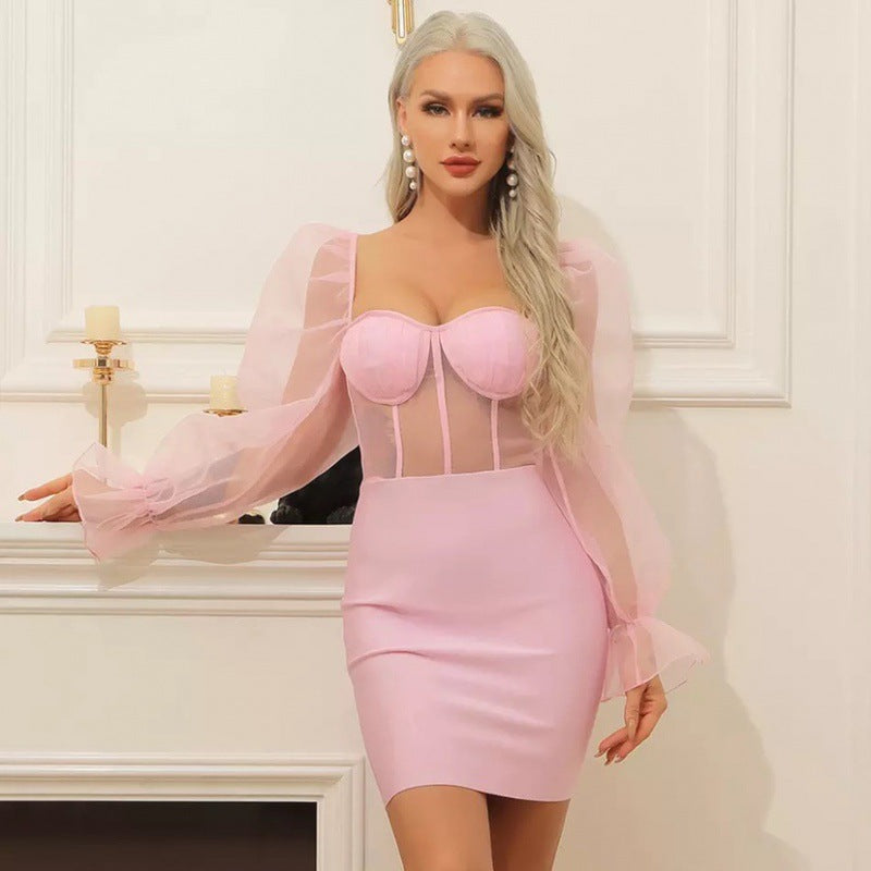 Women's Bandage Dress Sexy Long Puff Sleeve Party Dress