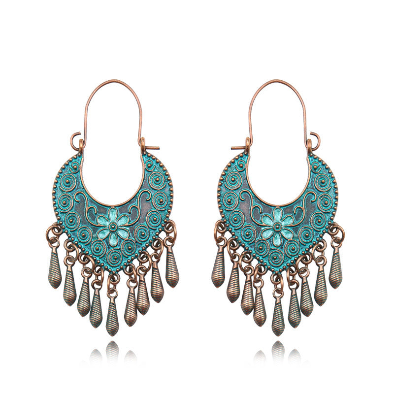 Amazon Alloy Earrings Retro Leaf Geometric Gemstone Rhinestone Earrings For Women