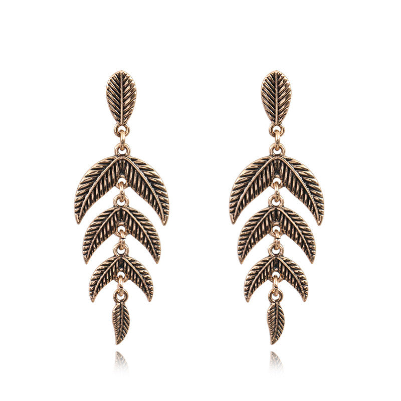 Amazon Alloy Earrings Retro Leaf Geometric Gemstone Rhinestone Earrings For Women