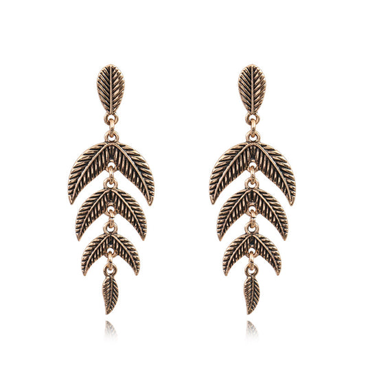 Amazon Alloy Earrings Retro Leaf Geometric Gemstone Rhinestone Earrings For Women