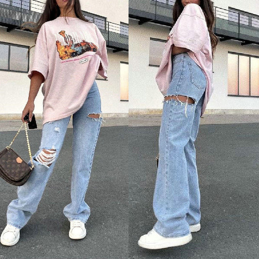 Women's Fashion Ripped Washed Straight Pants Jeans