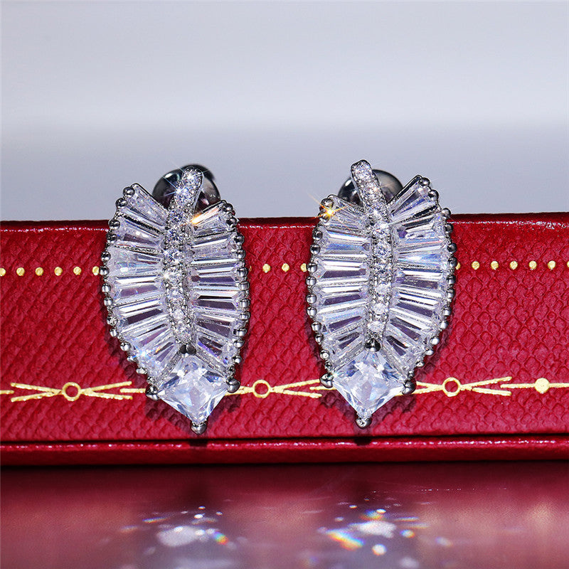 Delicate Leaf Shaped Brass And Zircon Stud Earrings For Women