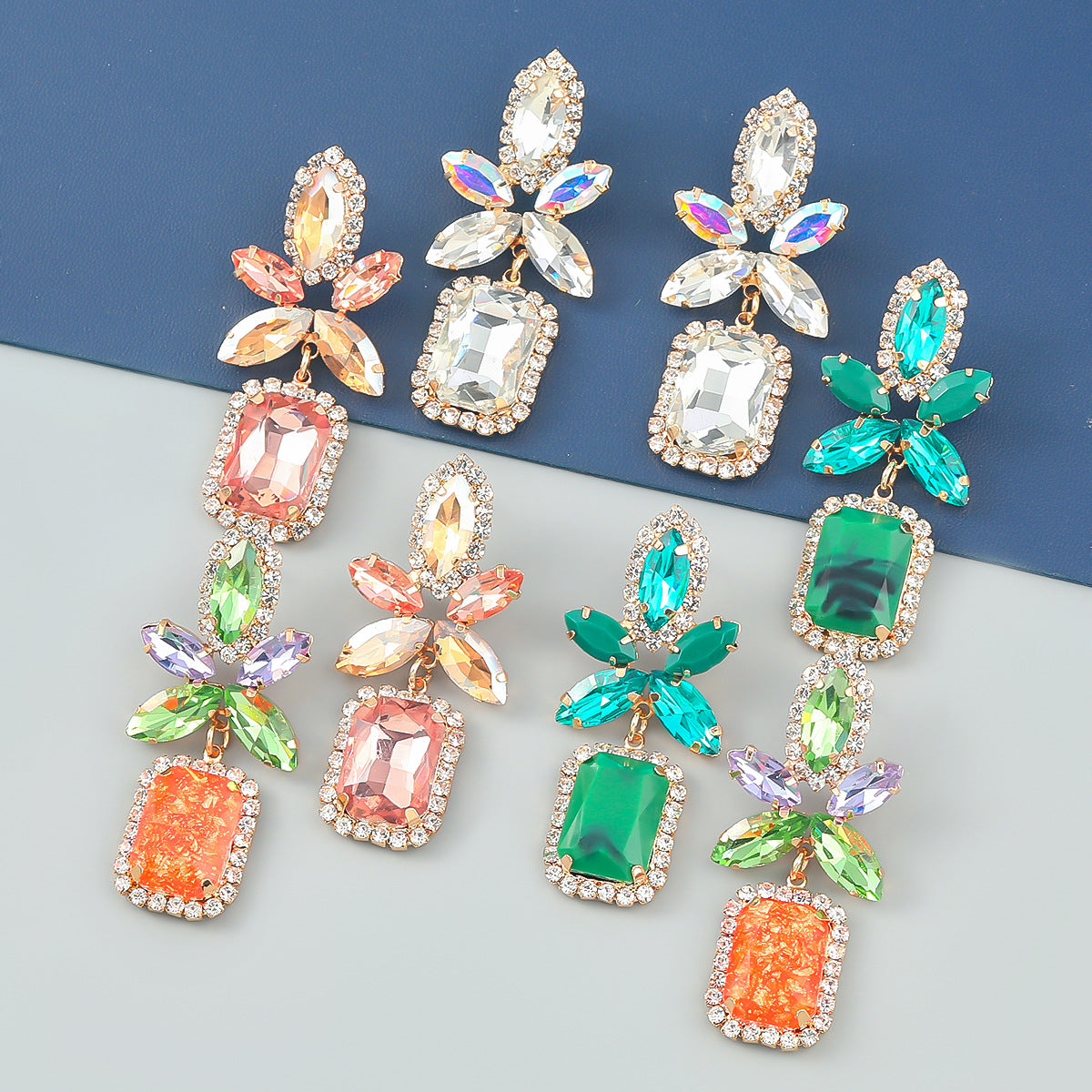 Fashion Colorful Diamond Alloy Flower Square Geometry Earrings For Women