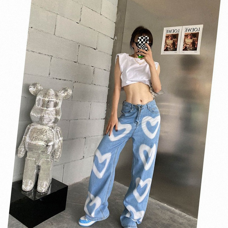 Women's High Waist Wide Leg Mopping Long Graffiti Heart Print Jeans