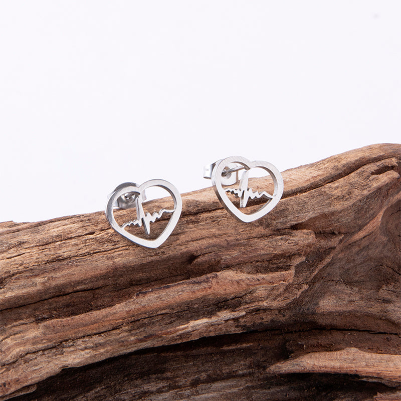 Cardio Lightning Silver Gold Stainless Steel Heart Stud Earrings For Women Girls