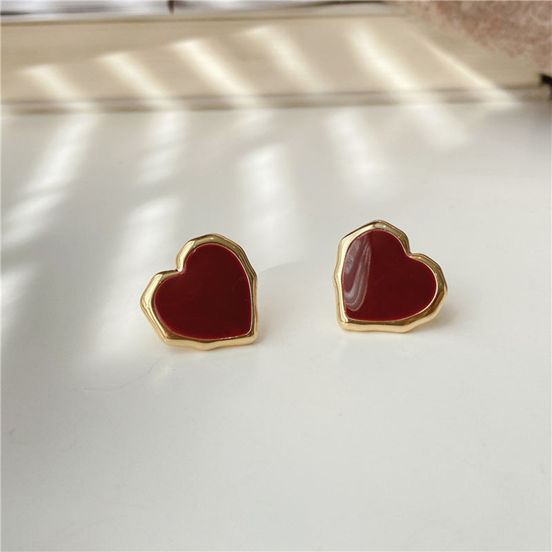 Enamel Red Heart Earrings 18K Gold Stud Earrings For Women