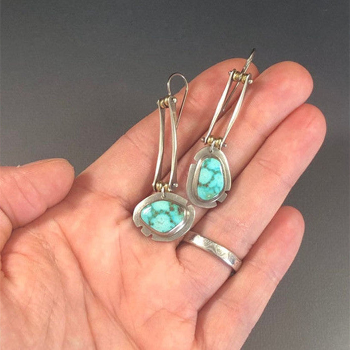 Asymmetric Turquoise Natural Gemstone Long Color Separation Earrings For Women