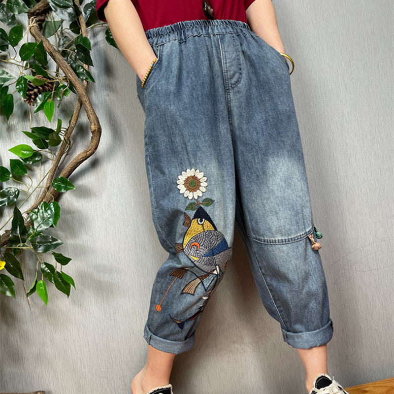 Women's Art Vintage Embroidered Print Jeans