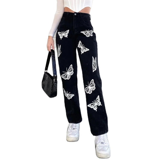 Women's New Fashion Butterfly Print High-Waisted Straight-Leg Jeans