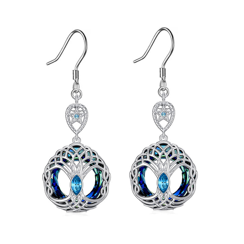 Blue Crystal Celtic Tree Of Life Dangle Earrings For Women