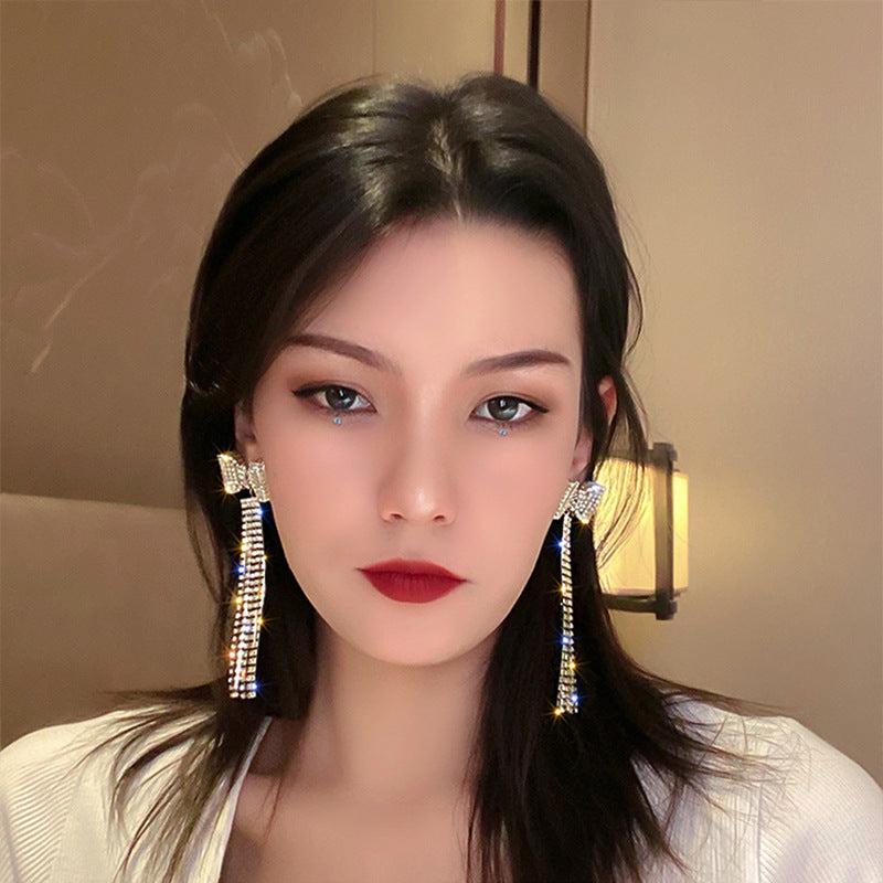 European And American Exaggerated Long Full Diamond Bow Tassel Earrings New Trendy Elegant High Sense Elegant Earrings Earrings For Women