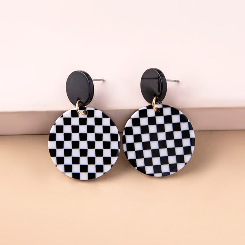 Black White Chequered Print Round Acrylic Pendant Drop Earrings For Women