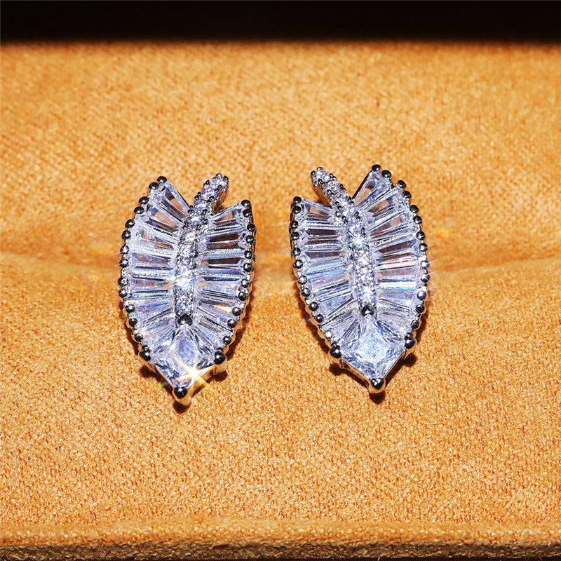 Delicate Leaf Shaped Brass And Zircon Stud Earrings For Women