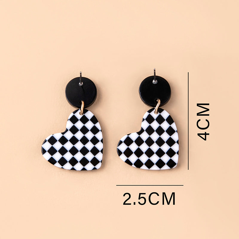 Fashion Chequered Print Love Heart Acrylic Pendant Drop Earrings For Women