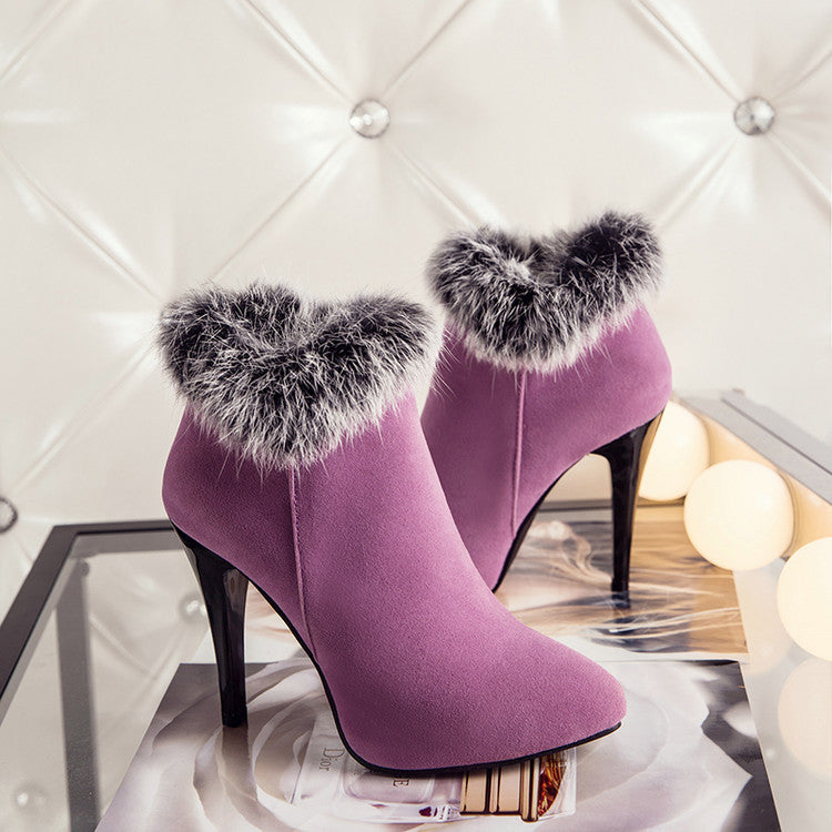 Women's Fur Booties Plus Size Pointed High Heels