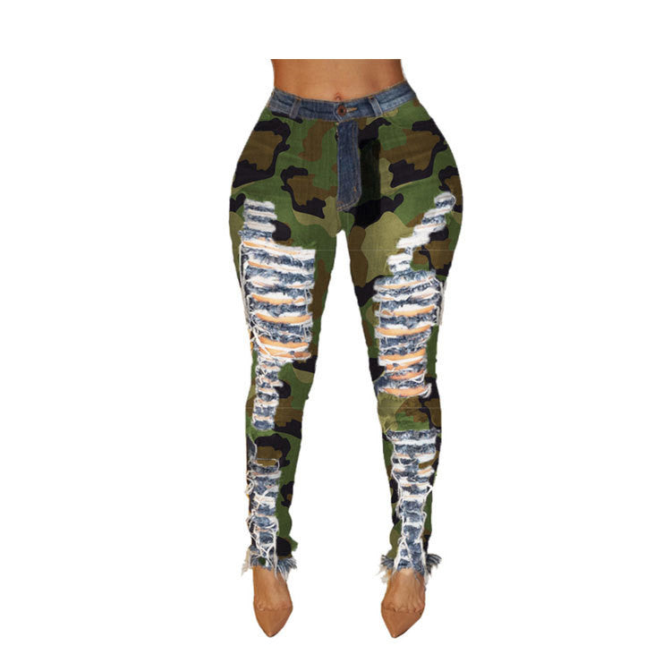 Women's Sexy Personality Ripped High-waisted Leggings And Frayed Camouflage Feet Pants