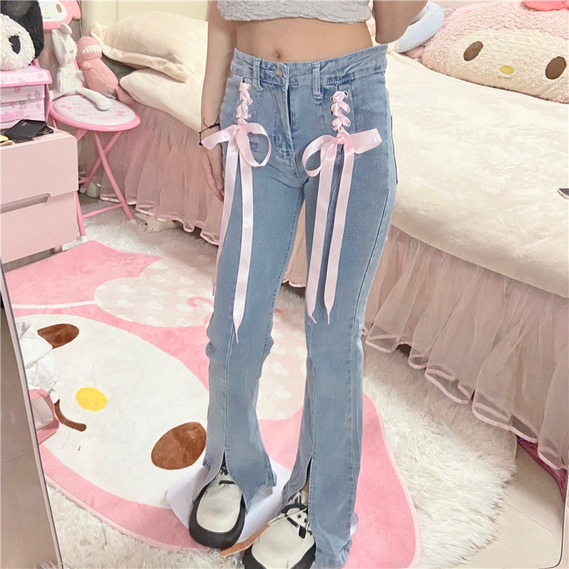 Women's High Waist Fashion Lace-up Slim Straight Jeans