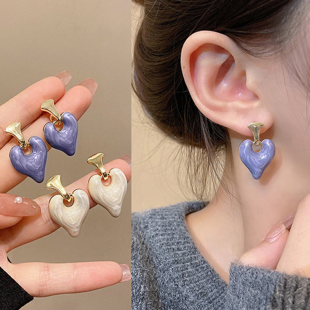 Enamel Purple White Heart Dangle Earrings Gold Drip Glaze Earrings For Women