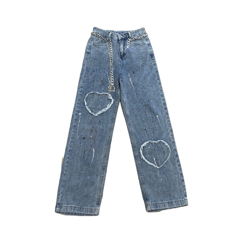 Design Brushed Heart Patch Straight Jeans