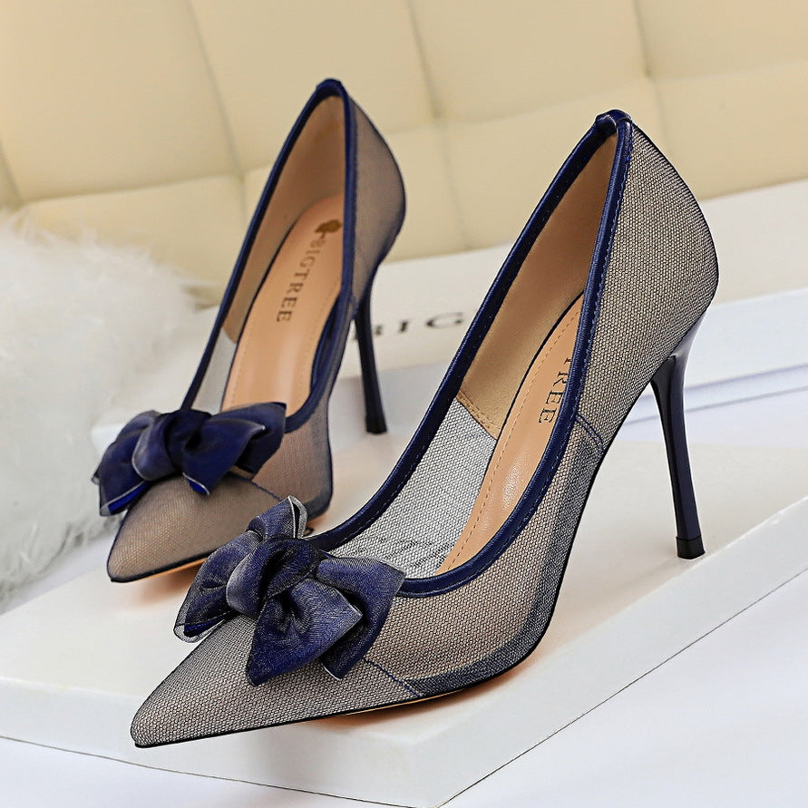 Women's Mesh Cutout Pointed Bow High Heels