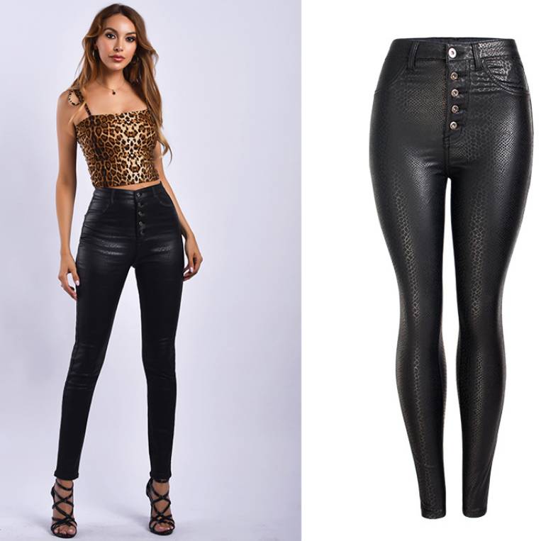 Black Pu High Waist Velvet Padded Faux Leather Pants