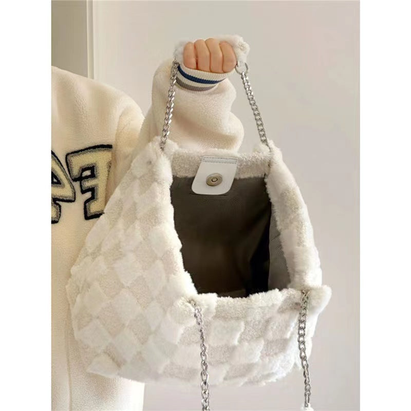 White Plush One Shoulder Bag Casual Tote Bag