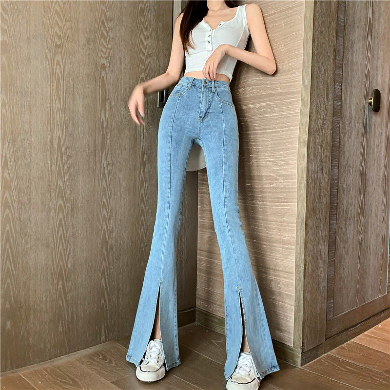 Women's High Waist Slim Slit Jeans Micro Flared Pants