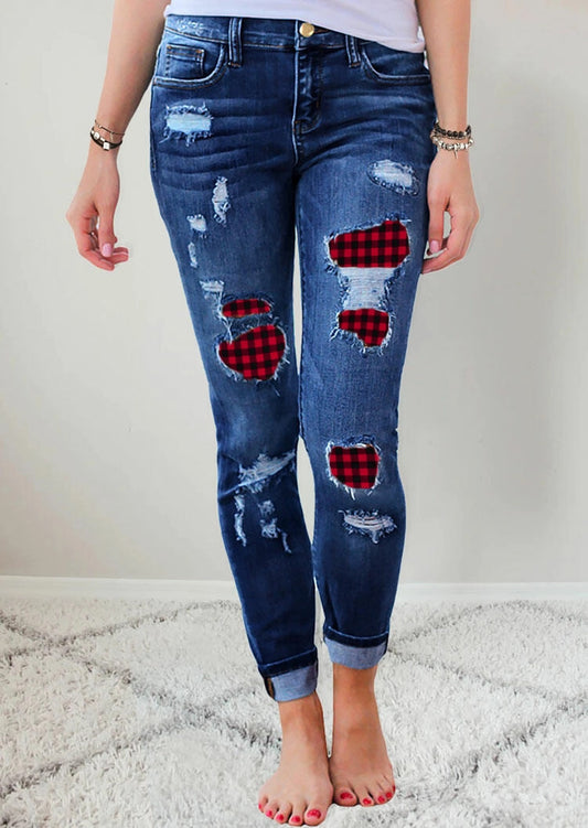 Women's Printed Denim Stretch Pants With Holes