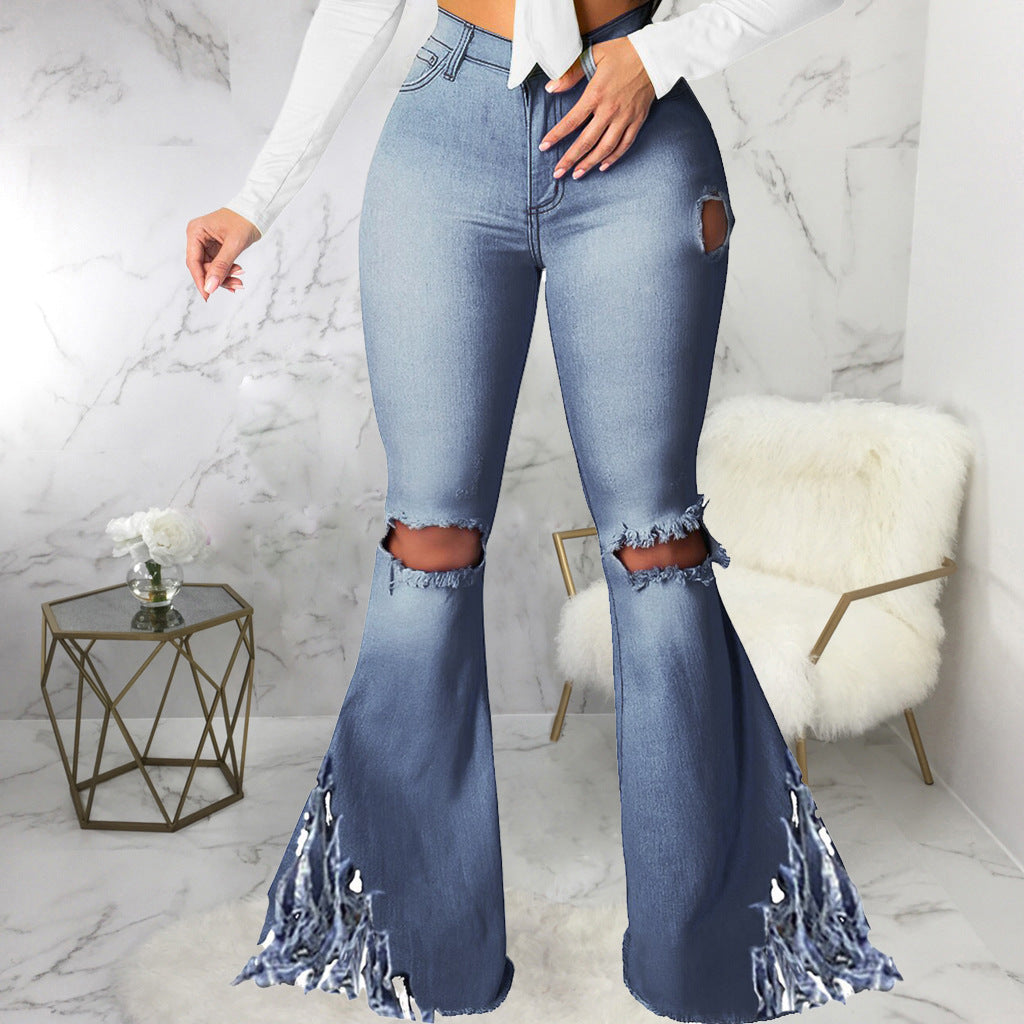 European And American Wide Leg Jeans With Holes In The Knee