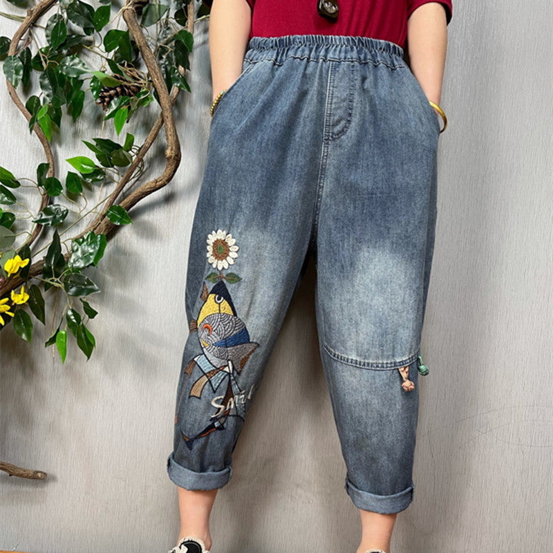 Women's Art Vintage Embroidered Print Jeans