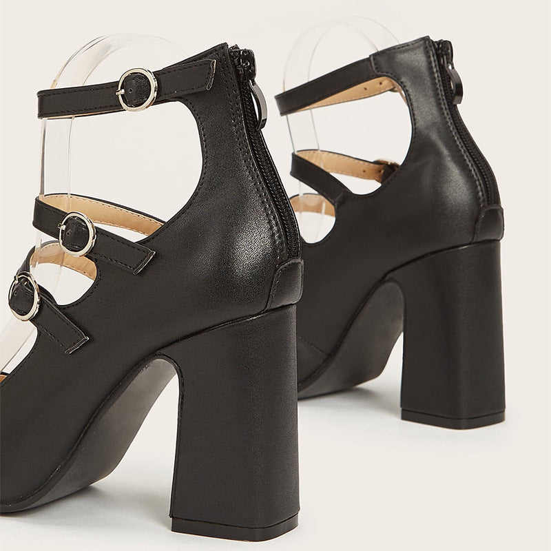 Buckle Round Toe Chunky High Heels