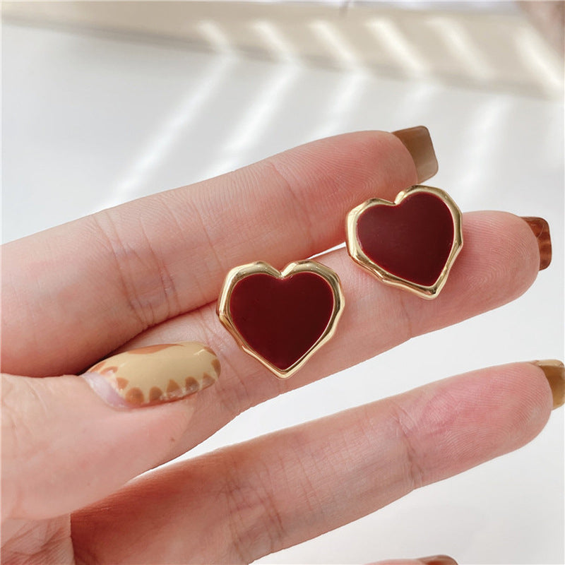 Enamel Red Heart Earrings 18K Gold Stud Earrings For Women