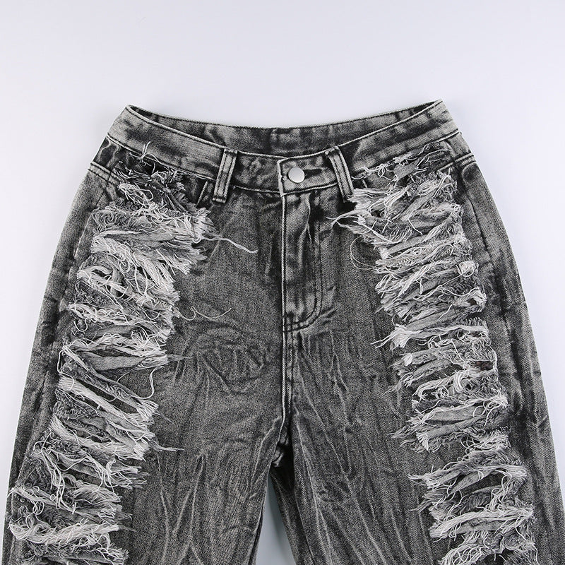 Fashion Ladies Gray Raw Edge Tie-Dye Jeans