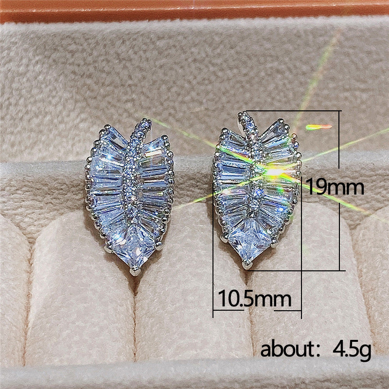 Delicate Leaf Shaped Brass And Zircon Stud Earrings For Women