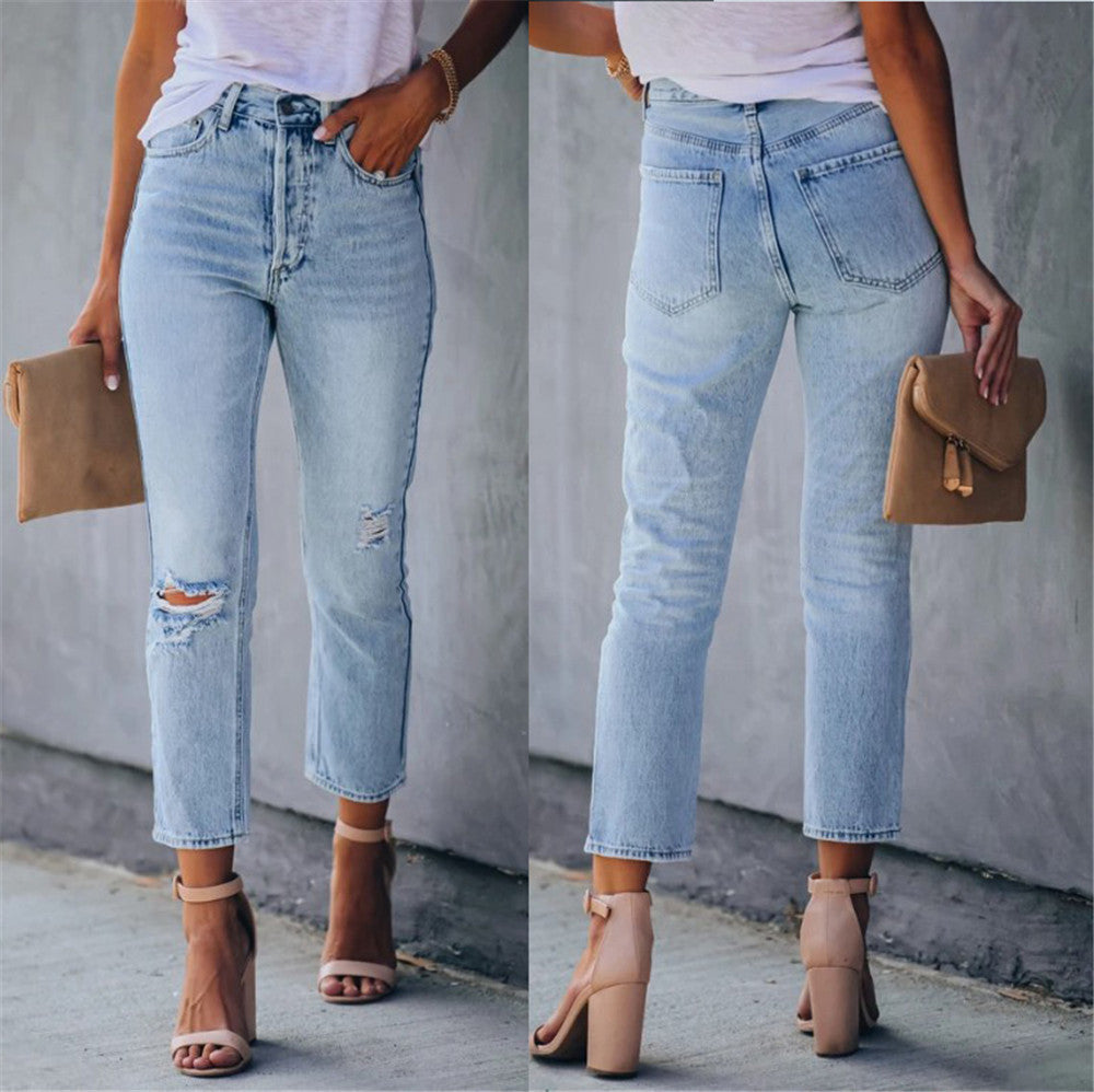 Distressed High-rise Stretch Pencil Pants Cropped Jeans