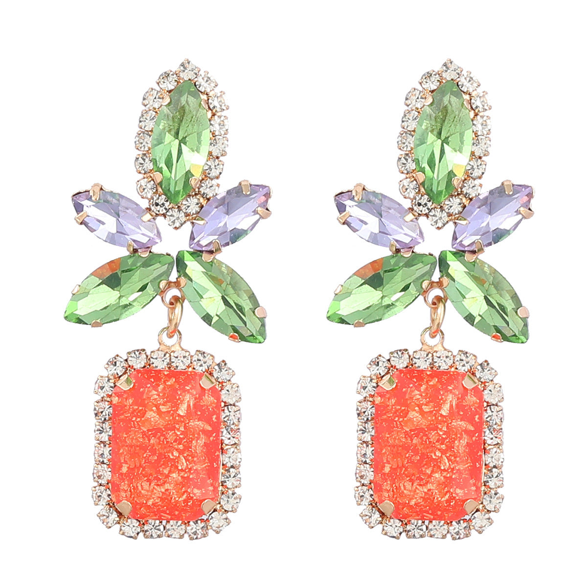 Fashion Colorful Diamond Alloy Flower Square Geometry Earrings For Women