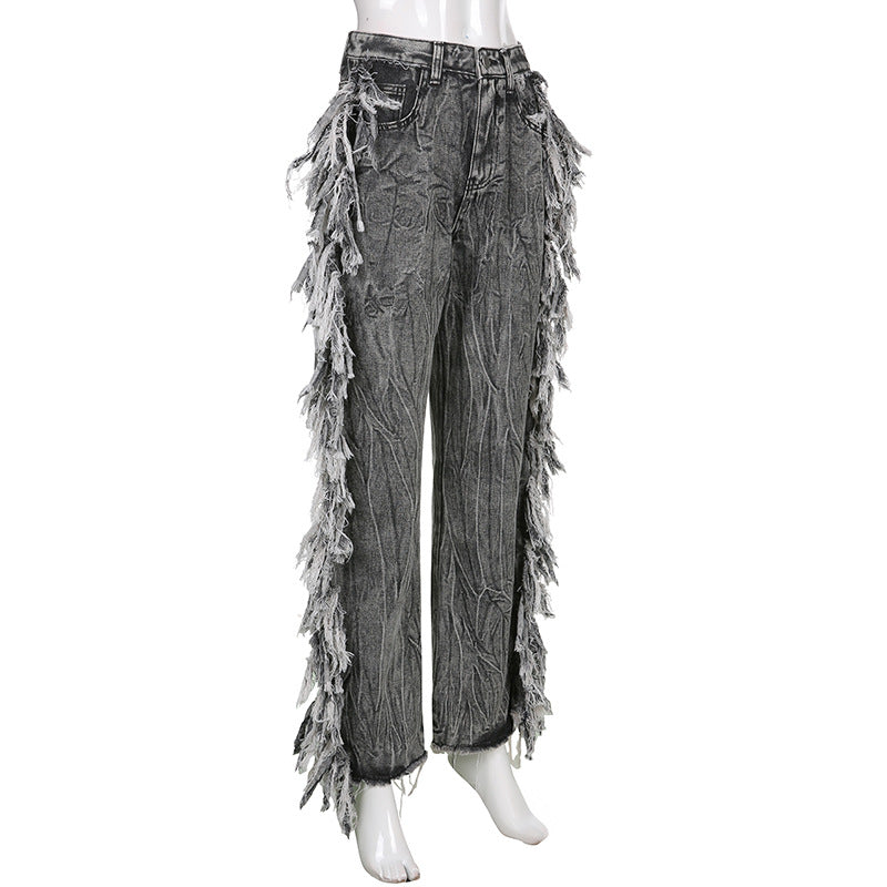 Fashion Ladies Gray Raw Edge Tie-Dye Jeans